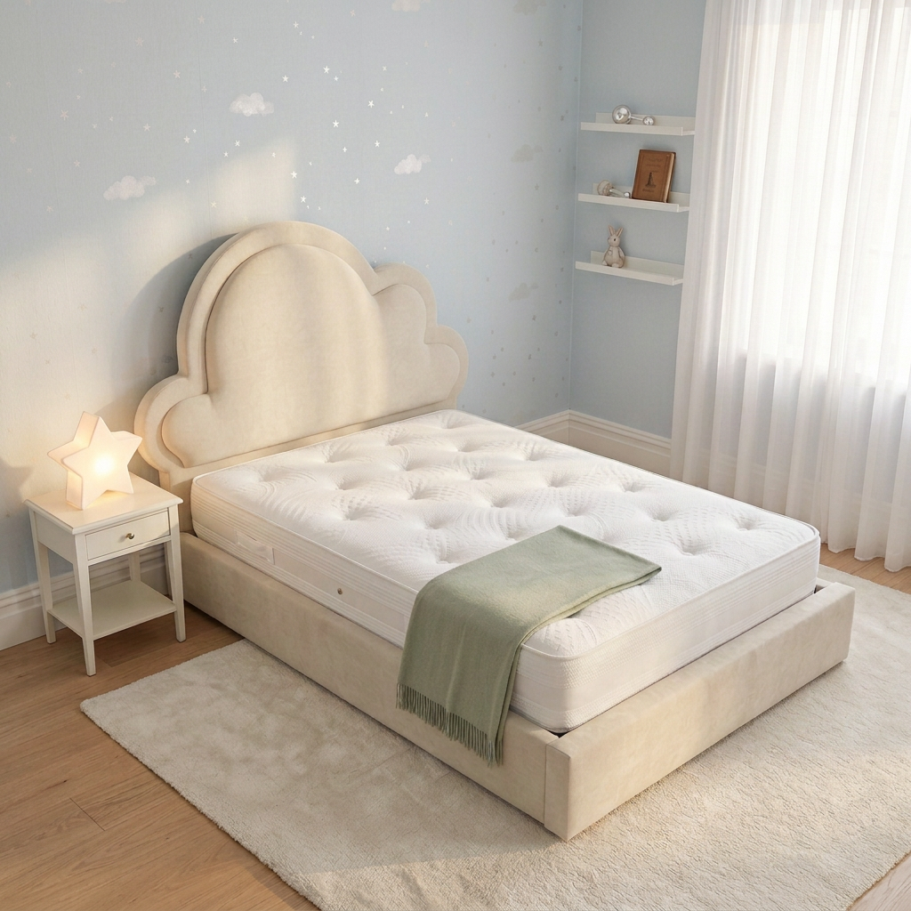 A white upholstered bed frame with a cloud-shaped headboard and a tufted mattress, shown on a plain light beige background.