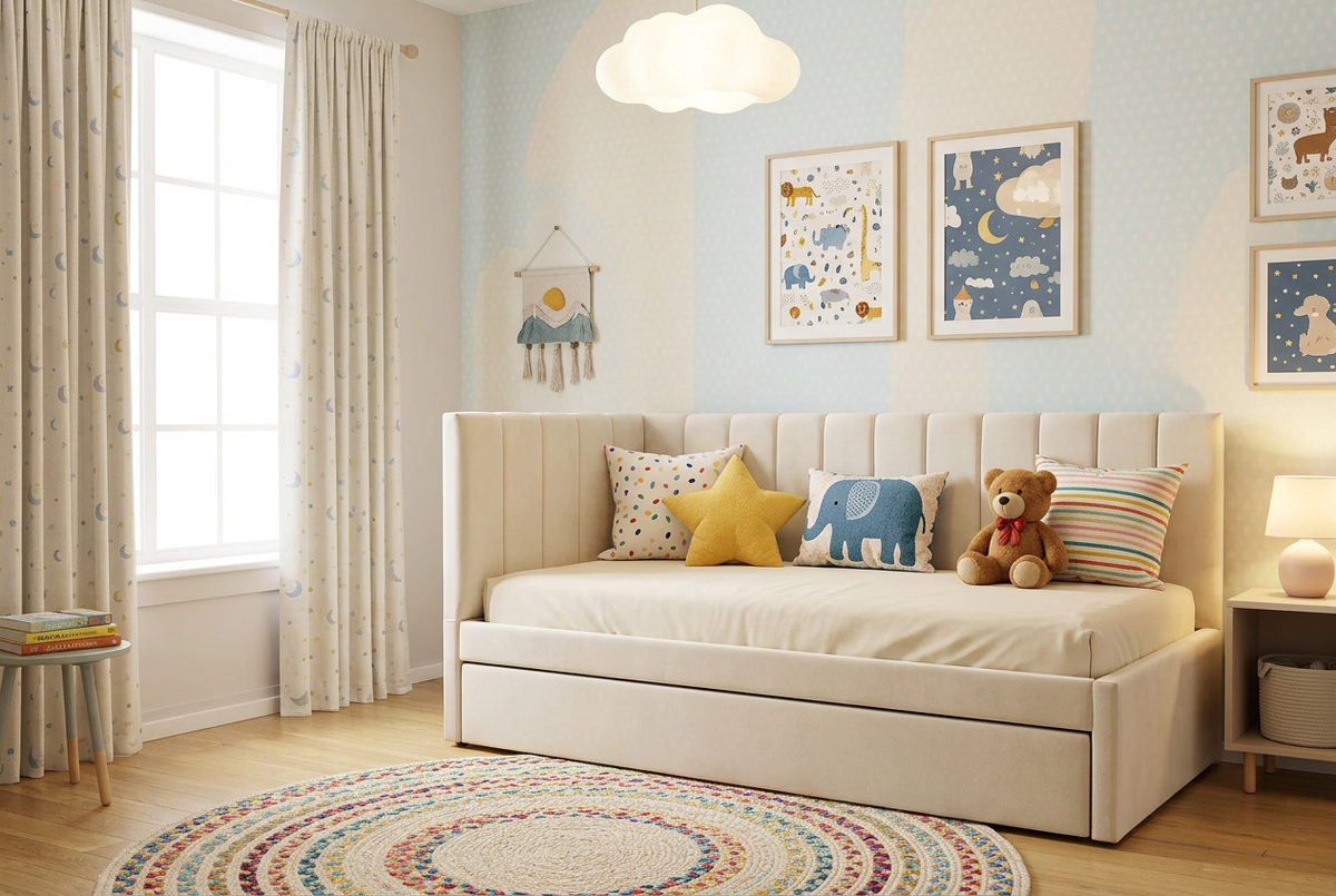 A cream upholstered daybed with a tall channel-tufted headboard and matching footboard, shown with a white mattress on a light wood floor against a plain light gray wall.