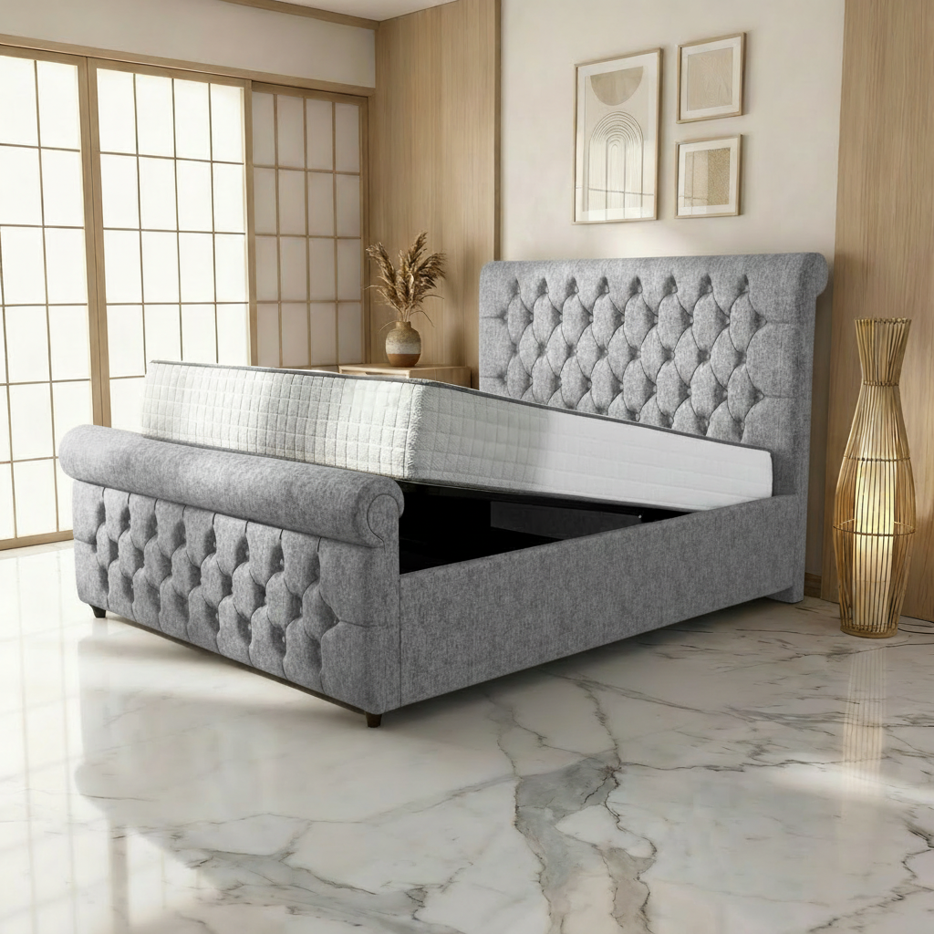 Perth Upholstered Ottoman Bed - Silver Chenille Naples