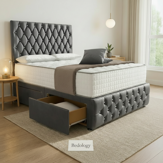 Moscow Divan Bed Side Angle - Steel Plush Velvet