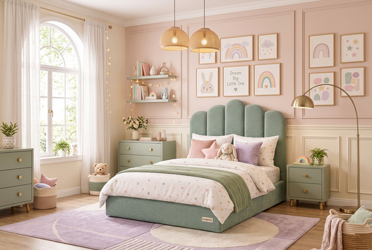 A children's bedroom featuring a bed with a scalloped sage green upholstered headboard and matching footboard, dressed in white bedding with pastel star prints. The room is decorated with cozy shelves, a nightstand, and framed wall art.