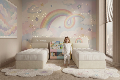 A pair of off-white upholstered daybeds or chaise lounges with matching tufted backrests, shown in a softly lit neutral room. A small brown teddy bear sits on the left daybed, and a small white plush toy rests on the right daybed, with a small wooden side table and lamp between them.