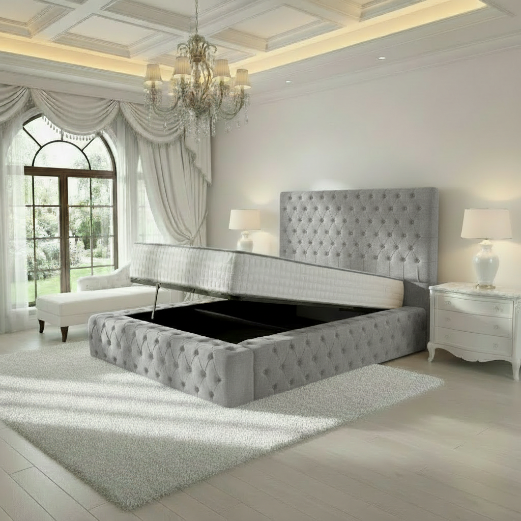 Diplomat Upholstered Ottoman Bed - Silver Linoso