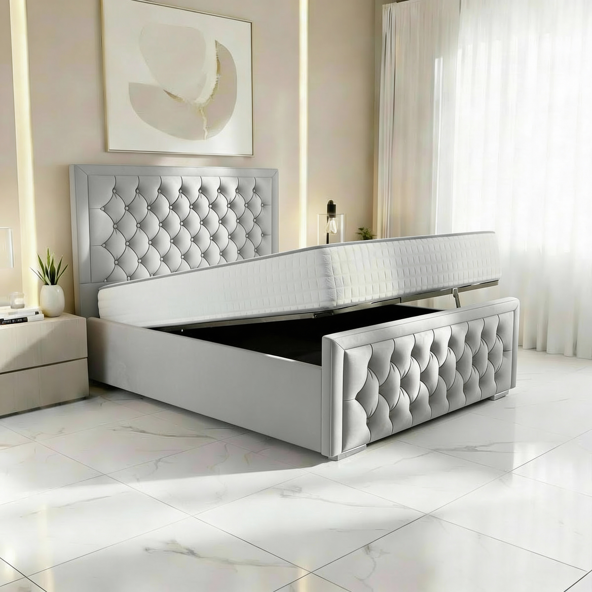 Barcelona Upholstered Ottoman Bed - Silver Plush Velvet