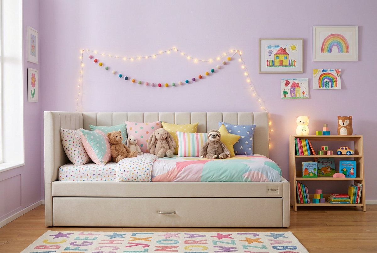 A cream upholstered daybed with a tall channel-tufted headboard and matching footboard, shown with a white mattress on a light wood floor against a plain light gray wall.
